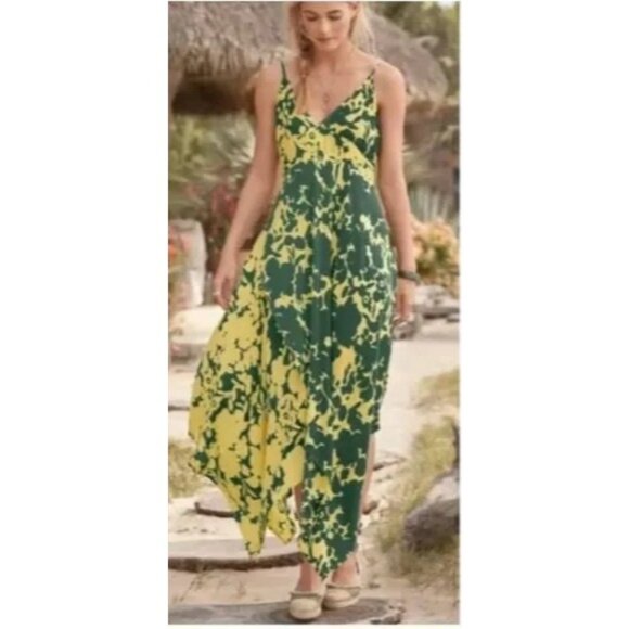 Sundance Dresses & Skirts - Sundance Soliloqies Tank Dress Sz XS Yellow Green Asymmetrical Hem Faux Wrap